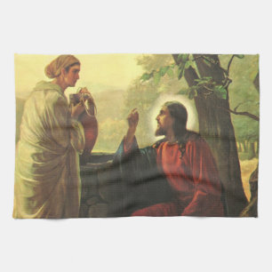Jezus Christus en de goede Samaritaan bij de put Theedoek