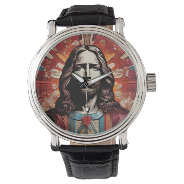 Jezus Christus in Pop Kunst en Art Deco Horloge (Voorkant)