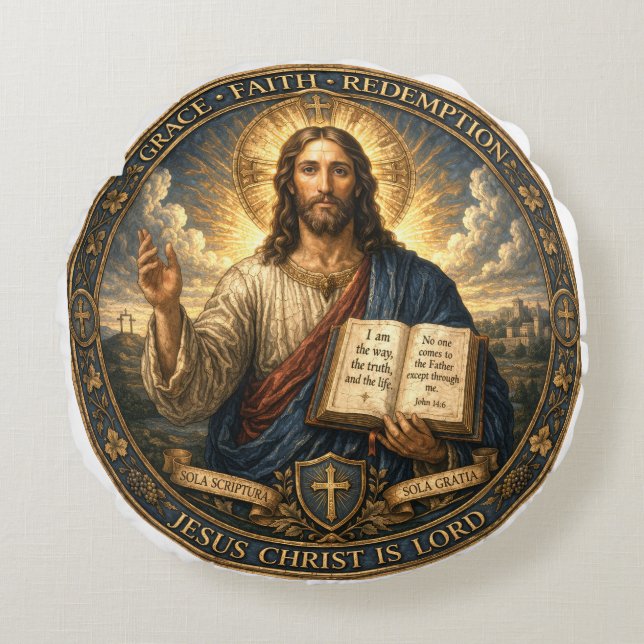 Jezus Christus is Heer Rond Kussen (Voorkant)