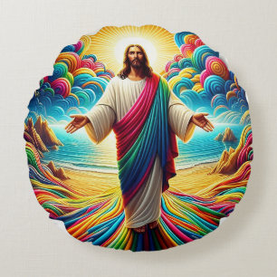 Jezus Christus kijkt uit over een prachtige kleurr Rond Kussen
