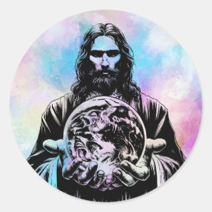 Jezus Christus met de wereld Kunst illustratie Ronde Sticker