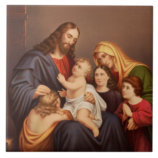 Jezus Christus met Kinderen Premium Kunst Kunstwer Tegeltje (Voorkant)