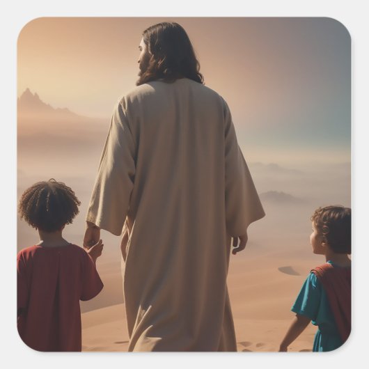 Jezus Christus met kinderen Vierkante Sticker (Voorkant)