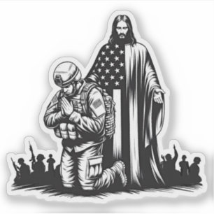 Jezus Christus met militaire soldaat biddende kuns Sticker