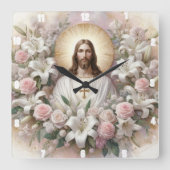 Jezus Christus omringd door lelies Rozen Vierkante Klok (Voorkant)