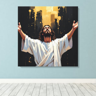Jezus Christus Onze Redder Zwart en Goud Canvas Afdruk