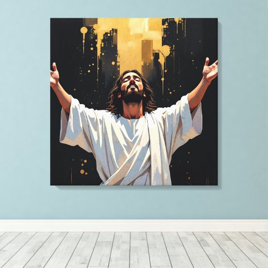 Jezus Christus Onze Redder | Zwart en Goud Canvas Afdruk (Insitu (Houten vloer))