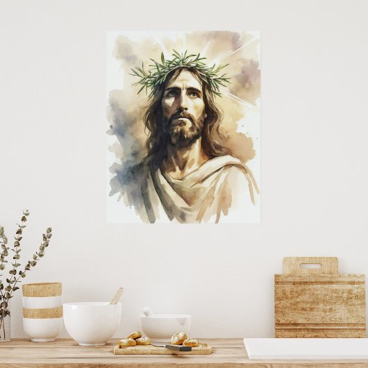 Jezus Christus Portret met een Olijftak kroon Poster (Keuken)
