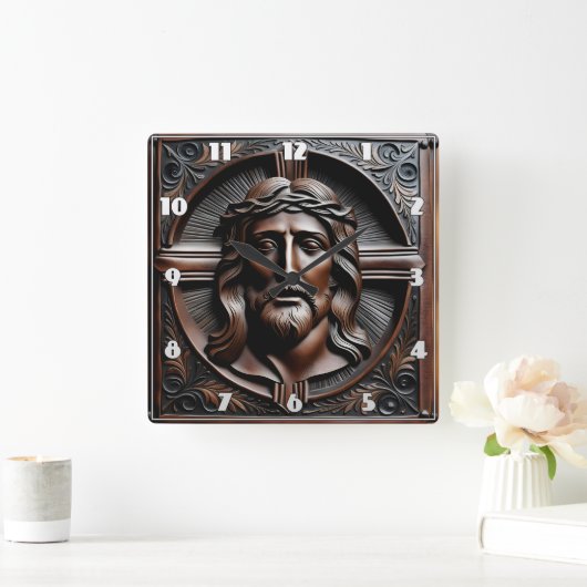 Jezus Christus Relief Kunst met Doornenkroon Vierkante Klok (Huis)