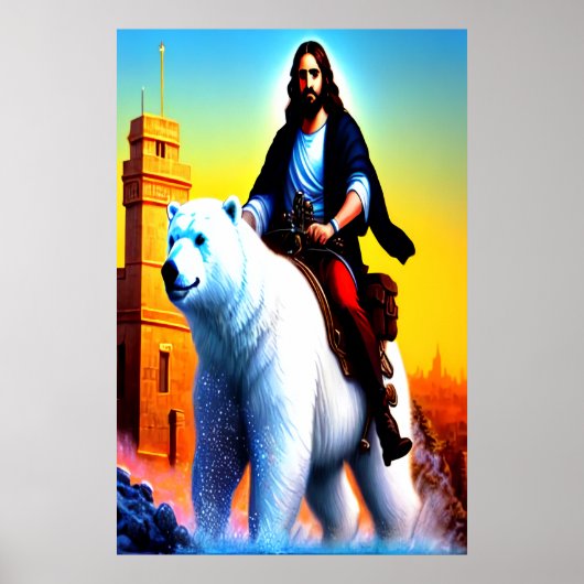 Jezus Christus rijdt met een Polar Beer | AI Art P Poster (Voorkant)