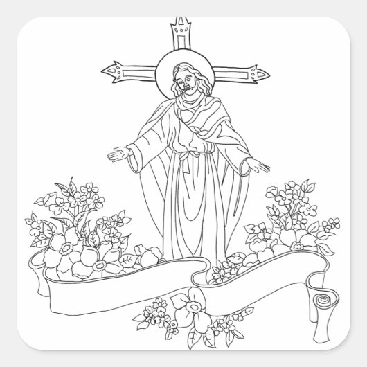 Jezus Christus scroll en bloemen kunst kleurplaat Vierkante Sticker (Voorkant)