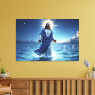 Jezus Christus wandelt op het Bijbelse watertoneel Canvas Afdruk