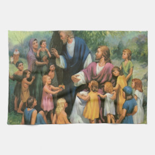 Jezus Christus Zegenende Kinderen, Vintage Religie Theedoek