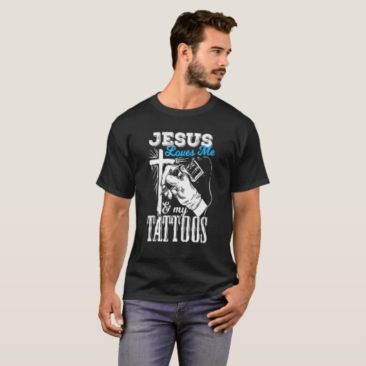 Jezus citeert: Jezus houdt van mij en mijn Tattoos T-shirt (Voorkant volledig)