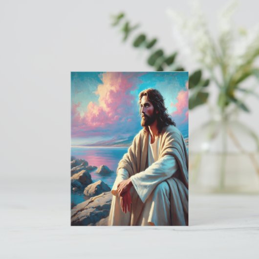 Jezus contemplatie naast majestueuze kustlijn briefkaart (Staand voorkant)