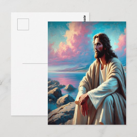 Jezus contemplatie naast majestueuze kustlijn briefkaart (Voorkant / Achterkant)