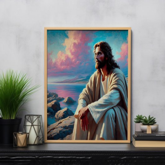 Jezus contemplatie naast majestueuze kustlijn poster