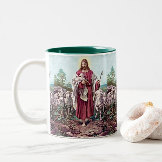 Jezus, de goede herder tweekleurige koffiemok (Met donut)