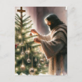 Jezus de Messias versiert de kerstboom Feestdagenkaart (Voorkant)