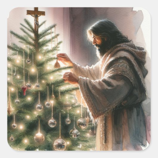 Jezus de Messias versiert de kerstboom Vierkante Sticker (Voorkant)