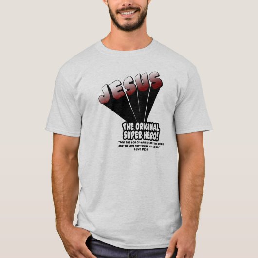 Jezus: De originele Super Hero Luke 19:10 T-shirt (Voorkant)