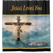 Jezus die aan een Christelijk kruisbeeld hangt Douchegordijn (Voorkant)