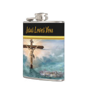 Jezus die aan een Christelijk kruisbeeld hangt Heupfles (Links)