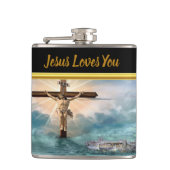 Jezus die aan een Christelijk kruisbeeld hangt Heupfles (Voorkant)