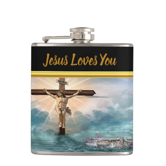 Jezus die aan een Christelijk kruisbeeld hangt Heupfles (Voorkant)