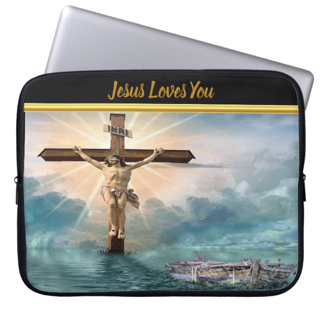 Jezus die aan een Christelijk kruisbeeld hangt Laptop Sleeve (Voorkant)