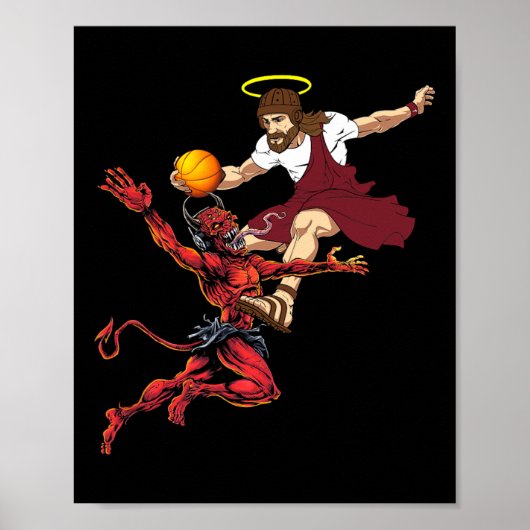 Jezus die de duivel basketballer Dunk oversteekt Poster (Voorkant)