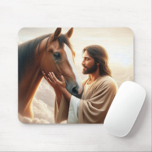Jezus die een paard troost in de hemel muismat