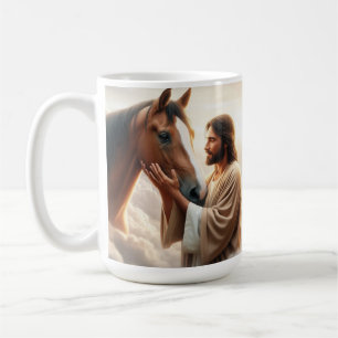 Jezus die een paard troost in het hemelse licht koffiemok