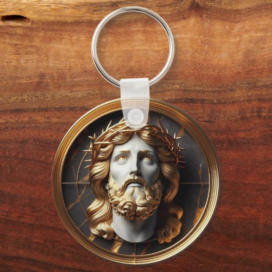 Jezus die in de hemel kijkt met Goddelijke Ontmoet Sleutelhanger (Achterkant)