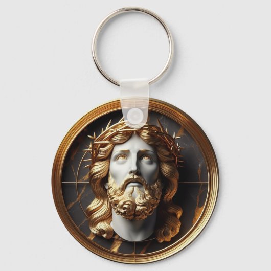 Jezus die in de hemel kijkt met Goddelijke Ontmoet Sleutelhanger (Achterkant)