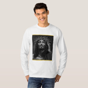 Jezus die naar de hemel kijkt met een goud folie o t-shirt