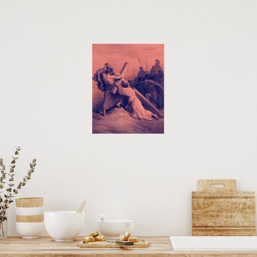 Jezus die onder het kruis valt | Bijbel Poster (Keuken)