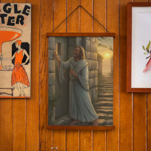 Jezus die op een landelijke deur klopt hangend wandkleed