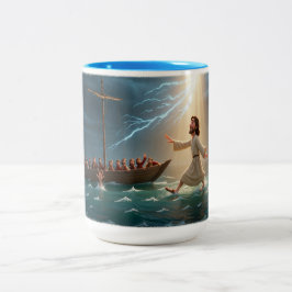 Jezus die over het water loopt om Petrus te redden Tweekleurige Koffiemok