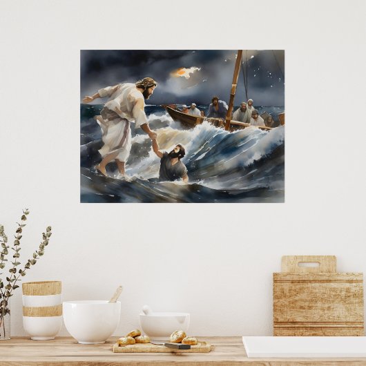 Jezus die Petrus uit het water hielp Poster (Keuken)