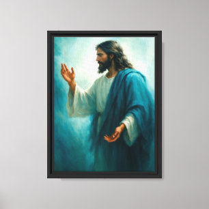 Jezus die zijn hand uitstrekt in blauwe spirituele canvas afdruk
