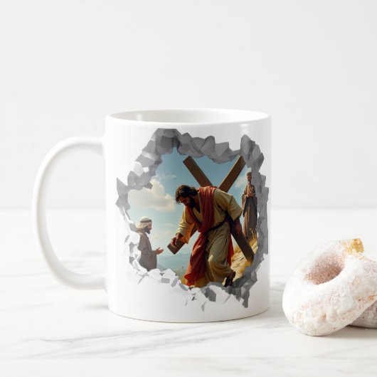 Jezus draagt kruis gebroken muur Christelijk geloo Koffiemok (Met donut)