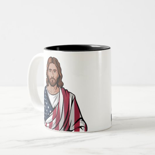 Jezus en de Amerikaanse vlag Tweekleurige Koffiemok (Voorkant links)