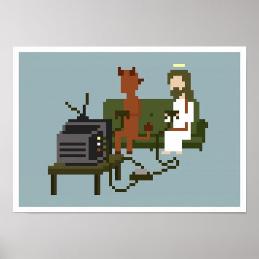 Jezus en duivel spelen videogames Pixel Art Poster (Voorkant)