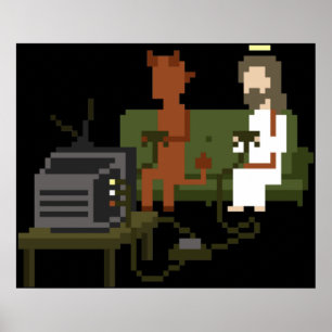 Jezus en duivel spelen videogames Pixel Art Poster