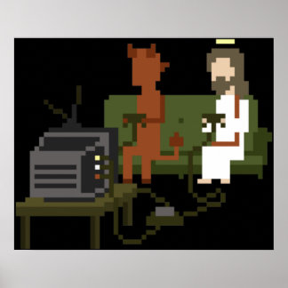 Jezus en duivel spelen videogames Pixel Art Poster