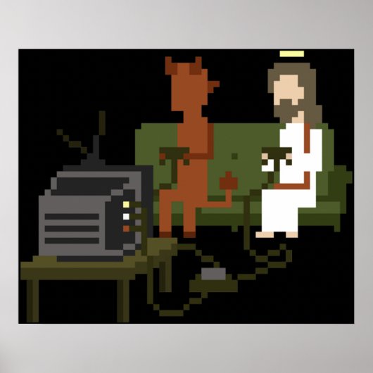 Jezus en duivel spelen videogames Pixel Art Poster (Voorkant)