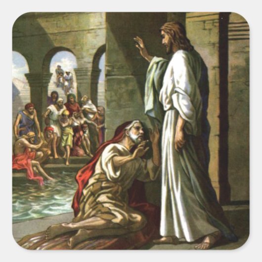 Jezus en het man bij het zwembad vierkante sticker (Voorkant)