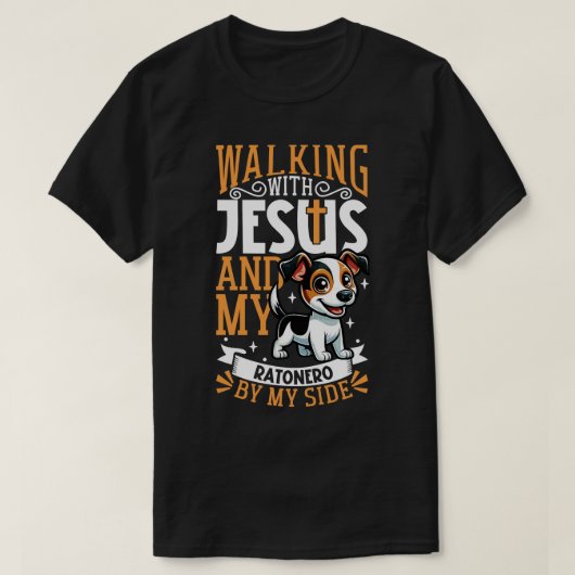 Jezus en hond Ratonero Bodeguero Andaluz T-shirt (Design voorkant)