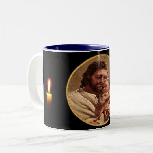 Jezus en kind tweekleurige koffiemok (Voorkant links)